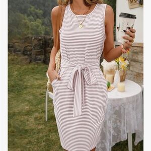Amazon Striped Tie-Waist Sleeveless Mini Dress in Light Pink and White